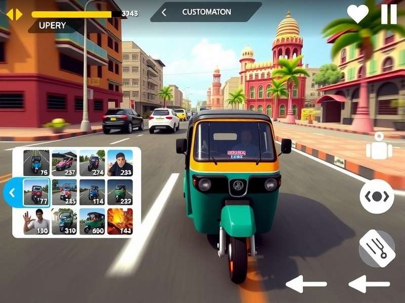 Tuk Tuk Crazy Drive customization screen showing various auto rickshaw options